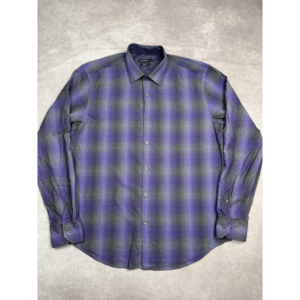 Bugatchi Shirt Mens Large Purple Gray Plaid Shaped Fit Button Up Long‎ Sleeve